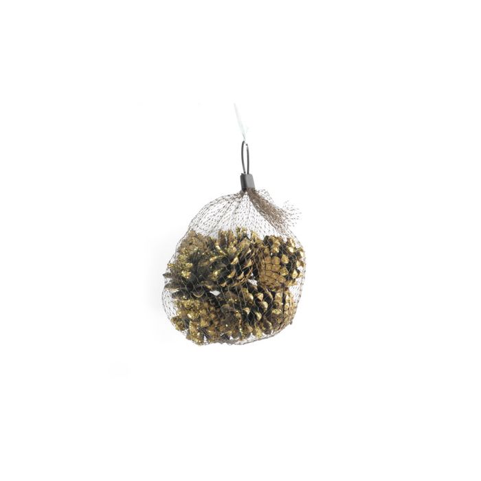 Zapfen im Nylonbeutel natur gold glitter 4 cm 1 Netz = 12St 0686-04931 4016490890638  