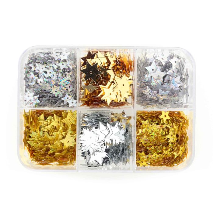 Pailettenbox 6-Fächer Sterne goldfb.-silberfb. 10x7 cm 4Boxen 0897-03971 4016490685449  