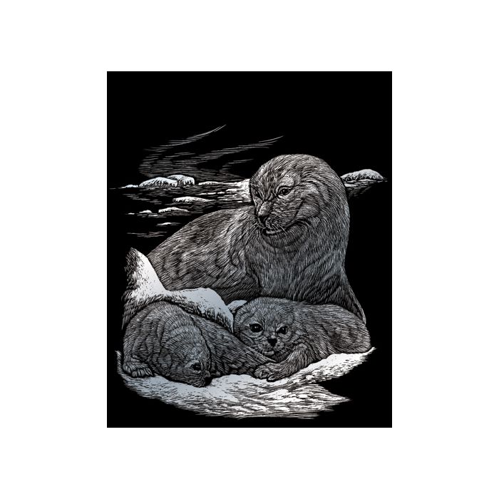 Kratzbilder Seehund & Babys silberfarbig 20,3x25,4 cm