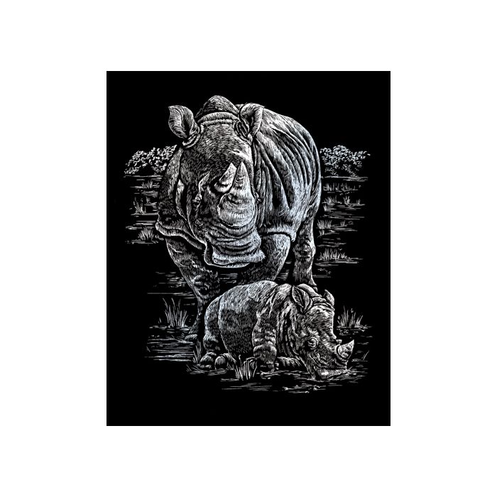Kratzbilder Nashorn & Babys silberfarbig 20,3x25,4 cm