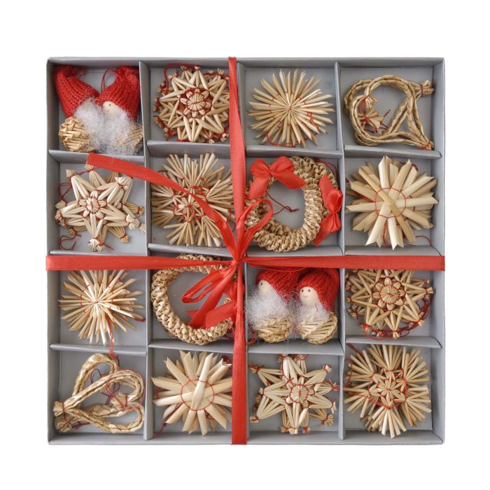 Weihnachtsdeko Strohfiguren natur-rot 1 Box = 48 Stück.