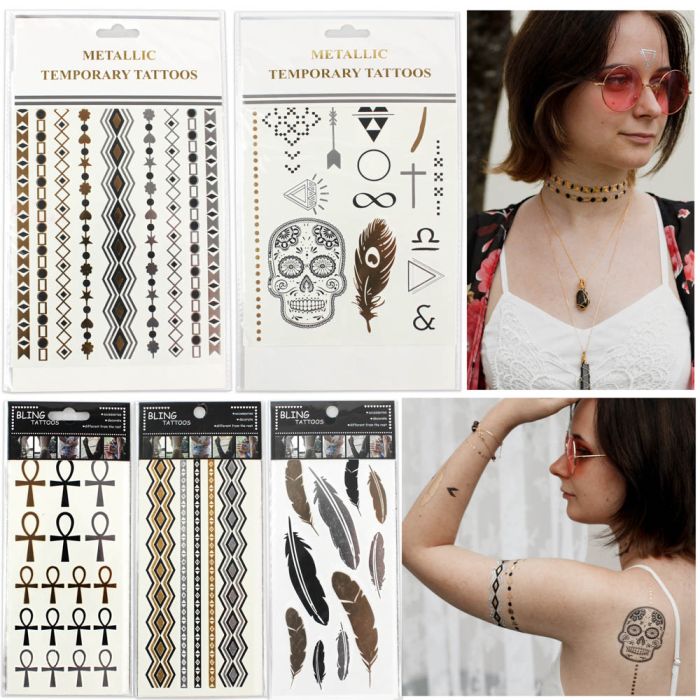 5er Set Shiny Tattoo Aufkleber Metallic Tattoo Streifen, Totenkopf und Federn in den Farben silber, gold und schwarz, Bild 3 von 4