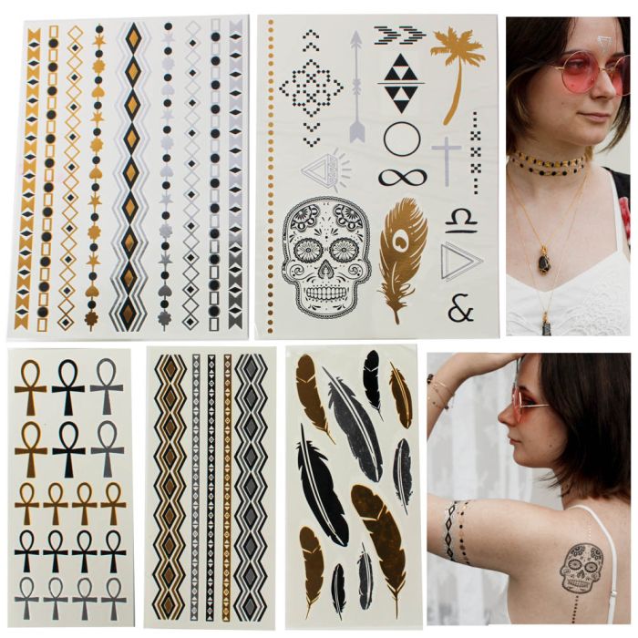5er Set Shiny Tattoo Aufkleber Metallic Tattoo Streifen, Totenkopf und Federn in den Farben silber, gold und schwarz, Bild 1 von 4