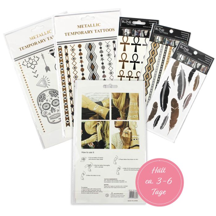 5er Set Shiny Tattoo Aufkleber Metallic Tattoo Streifen, Totenkopf und Federn in den Farben silber, gold und schwarz, Bild 2 von 4