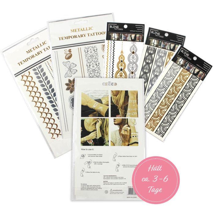 5er Set Shiny Tattoo Aufkleber Metallic Streifen, Schmetterlinge, Herzen Temporary in den Farben silber und gold, Bild 2 von 3