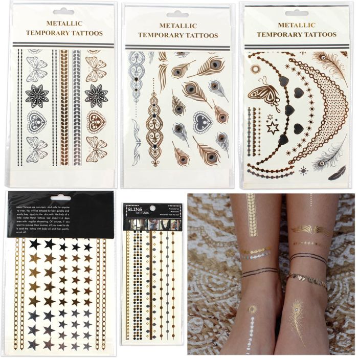 5er Set Shiny Metallic Tattoo Aufkleber Fußschmuck Temporary in den Farben silber, gold und schwarz, Bild 1 von 3