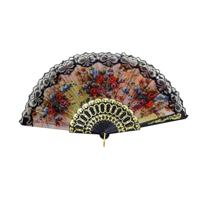 Handfächer 38cmX21cm Spitzenfächer Schwarz Blumenmuster, Fächer Taschenfächer Windfächer Stofffächer Sommerfächer Klappfächer