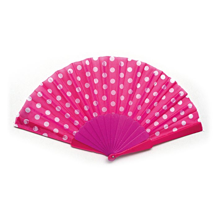 Handfächer 43x22cm Pink Weiß mit Punkten, Fächer Taschenfächer Windfächer Stofffächer Sommerfächer Klappfächer