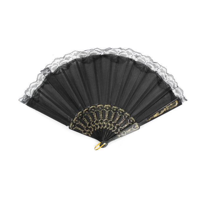 Handfächer 41cmX23cm Stoff schwarz mit Spitze, Fächer Taschenfächer Windfächer Stofffächer Sommerfächer Klappfächer