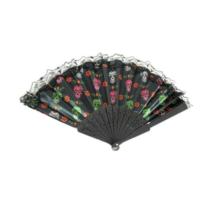 Handfächer 43x22cm Totenkopf schwarz Dia de Muertos, Fächer Taschenfächer Windfächer Stofffächer Sommerfächer Klappfächer