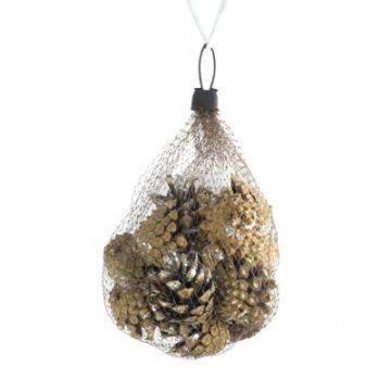 Zapfen im Nylonbeutel natur silber glitter 4 cm 1 Netz = 12 Stück