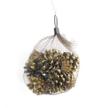 Zapfen im Nylonbeutel natur gold glitter 4 cm 1 Netz = 12 Stück