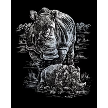 Kratzbilder Nashorn & Babys silberfarbig 20,3x25,4 cm