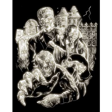 Kratzbilder Monster Glow-in-the-Dark 20,3x25,4 cm