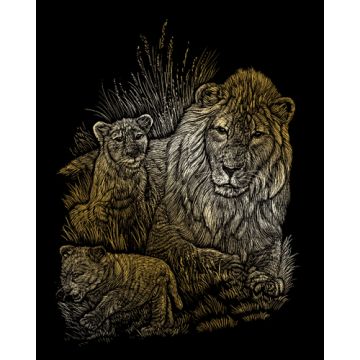 Kratzbilder Löwe mit Jungen goldfarbig 20,3x25,4 cm