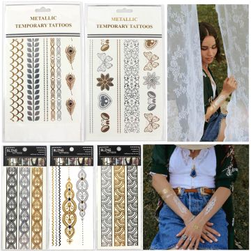 5er Set Shiny Tattoo Aufkleber Metallic Streifen, Schmetterlinge, Herzen Temporary in den Farben silber und gold