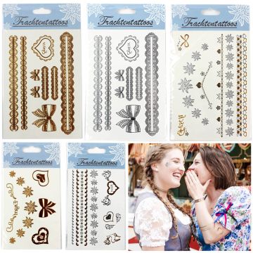 5er Set Shiny Tattoo Aufkleber Metallic Oktoberfest Temporary Alpenchic in den Farben silber und gold