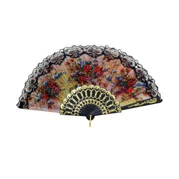 Handfächer 38cmX21cm Spitzenfächer Schwarz Blumenmuster, Fächer Taschenfächer Windfächer Stofffächer Sommerfächer Klappfächer