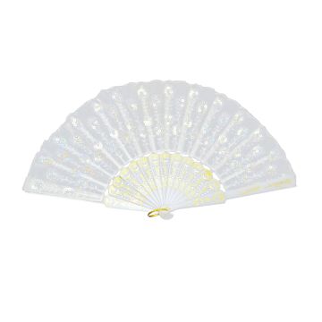 Handfächer 43x23cm Paillettenfächer weiß, Hochzeit, Fächer Taschenfächer Windfächer Stofffächer Sommerfächer Klappfächer