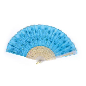 Handfächer 43x23cm Paillettenfächer Blau,Fächer Taschenfächer Windfächer Stofffächer Sommerfächer Klappfächer