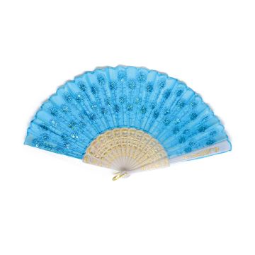 Handfächer 43x23cm Paillettenfächer Blau,Fächer Taschenfächer Windfächer Stofffächer Sommerfächer Klappfächer