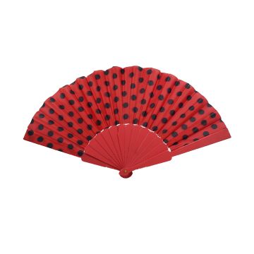 Handfächer 43x22cm Rot Schwarz mit Punkten,Fächer Taschenfächer Windfächer Stofffächer Sommerfächer Klappfächer