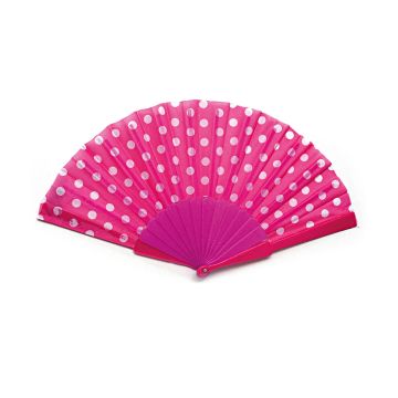 Handfächer 43x22cm Pink Weiß mit Punkten, Fächer Taschenfächer Windfächer Stofffächer Sommerfächer Klappfächer