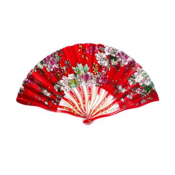 Handfächer 38cmX21cm Rot mit Blumenmuster,Fächer Taschenfächer Windfächer Stofffächer Sommerfächer Klappfächer