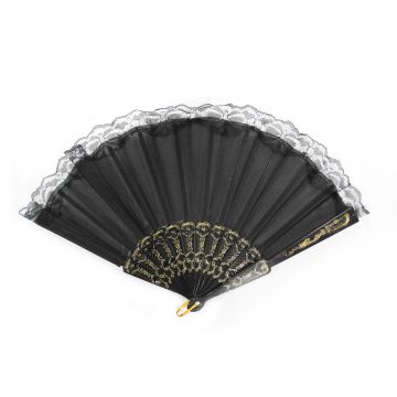 Handfächer 41cmX23cm Stoff schwarz mit Spitze, Fächer Taschenfächer Windfächer Stofffächer Sommerfächer Klappfächer