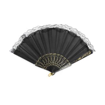 Handfächer 41cmX23cm Stoff schwarz mit Spitze, Fächer Taschenfächer Windfächer Stofffächer Sommerfächer Klappfächer