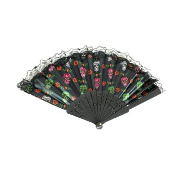 Handfächer 43x22cm Totenkopf schwarz Dia de Muertos, Fächer Taschenfächer Windfächer Stofffächer Sommerfächer Klappfächer
