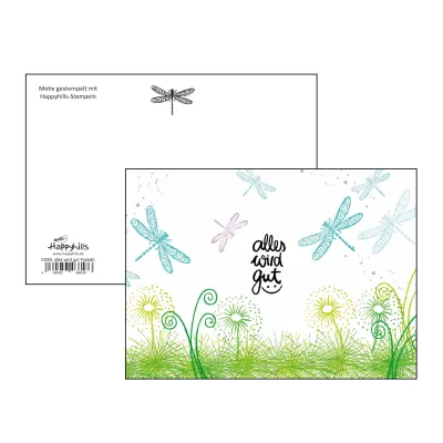Gestempelte Postkarte „alles wird gut“ mit Libellen und Pusteblumen