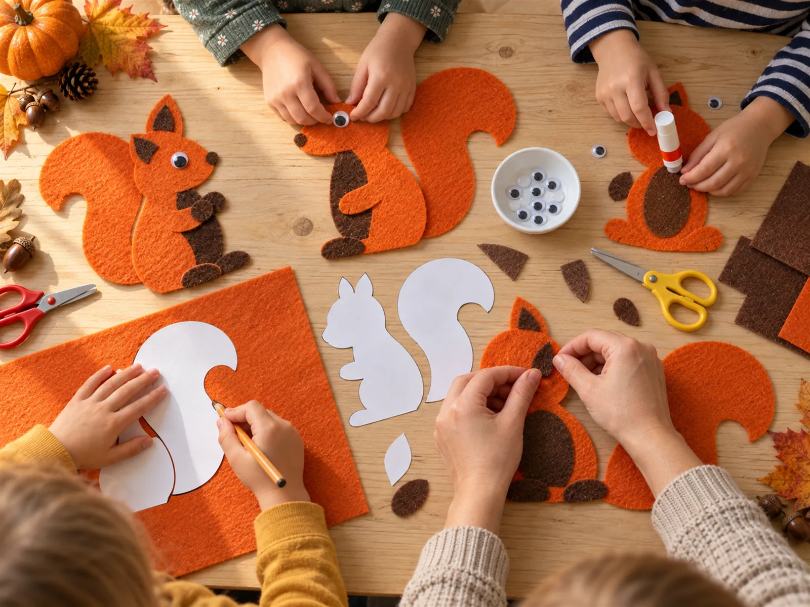 KI-generiertes Bild: Kinder- und Erwachsenenhände basteln gemeinsam mehrere Filz-Eichhörnchen am langen Tisch
