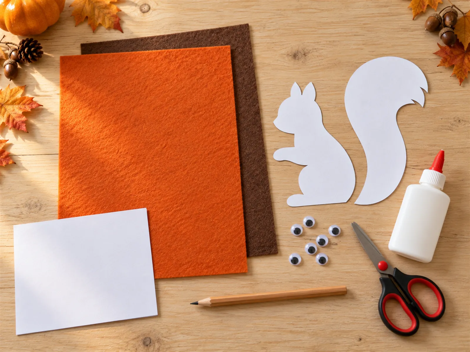 KI-generiertes Bild: Material für ein Filz-Eichhörnchen ordentlich auf einem hellen Holztisch angeordnet