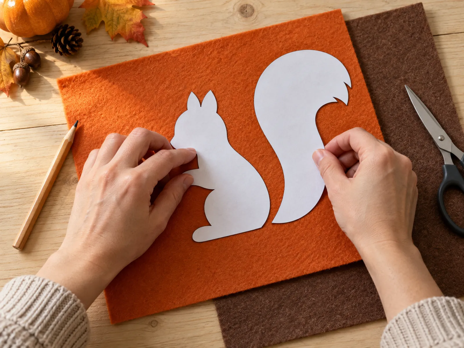 KI-generiertes Bild: Hände legen Papierschablonen für Körper und Schwanz auf orangefarbenen und braunen Bastelfilz