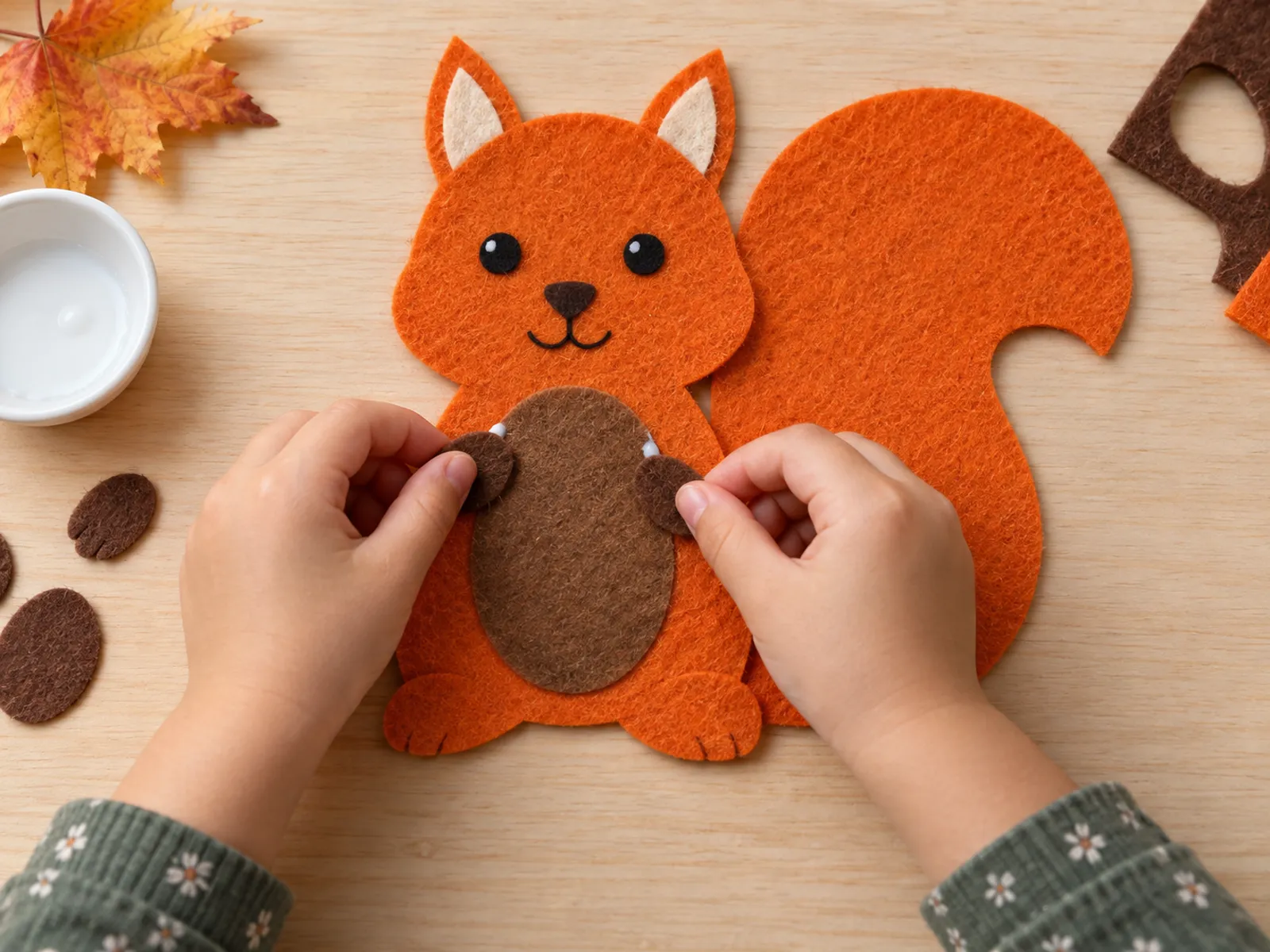 KI-generiertes Bild: Kinderhände kleben braunes Bauchstück und kleinen Schwanz an ein orangefarbenes Filz-Eichhörnchen