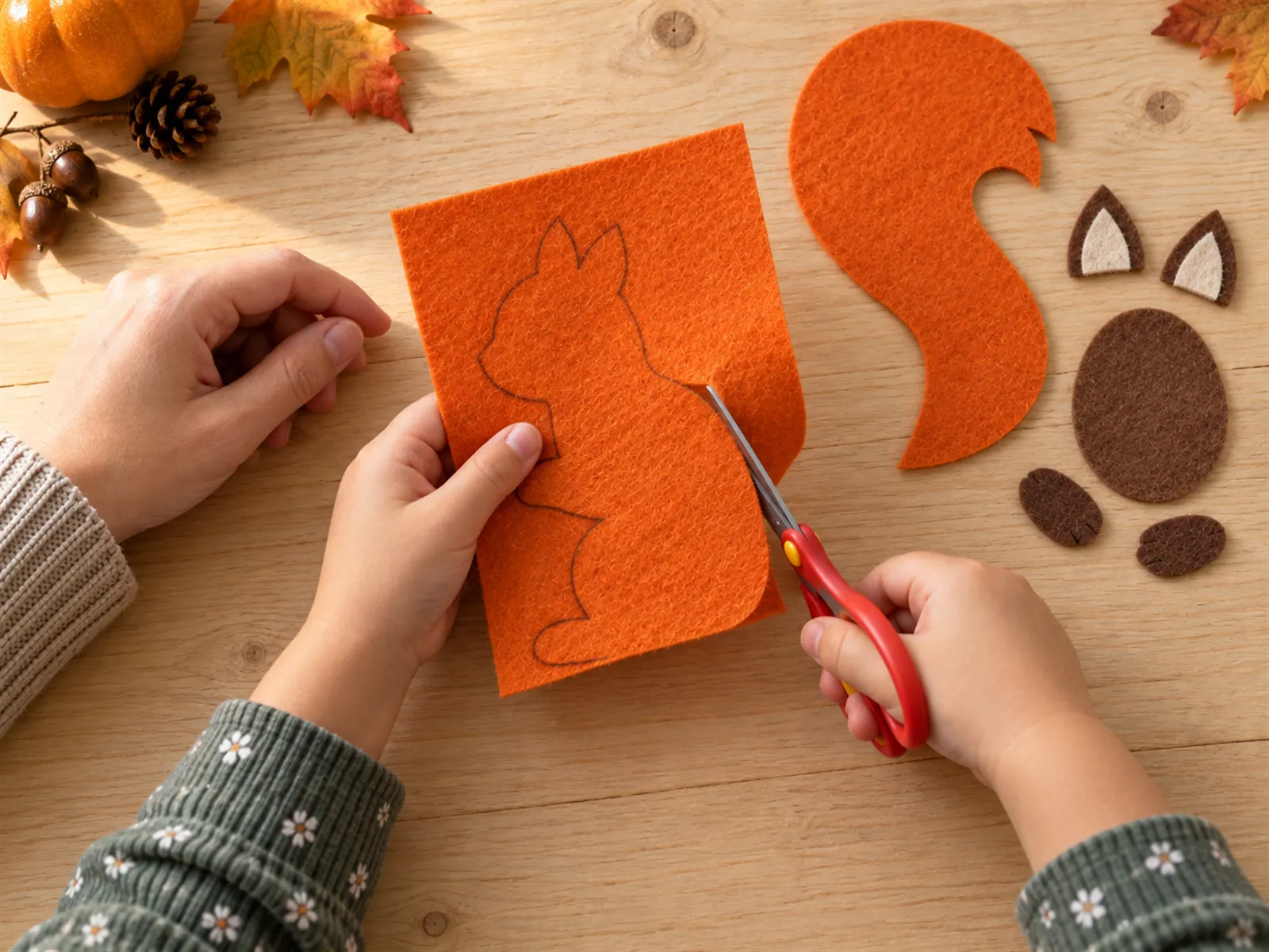 KI-generiertes Bild: Kinderhände schneiden den Eichhörnchenkörper mit kurzen Schnitten aus orangefarbenem Filz