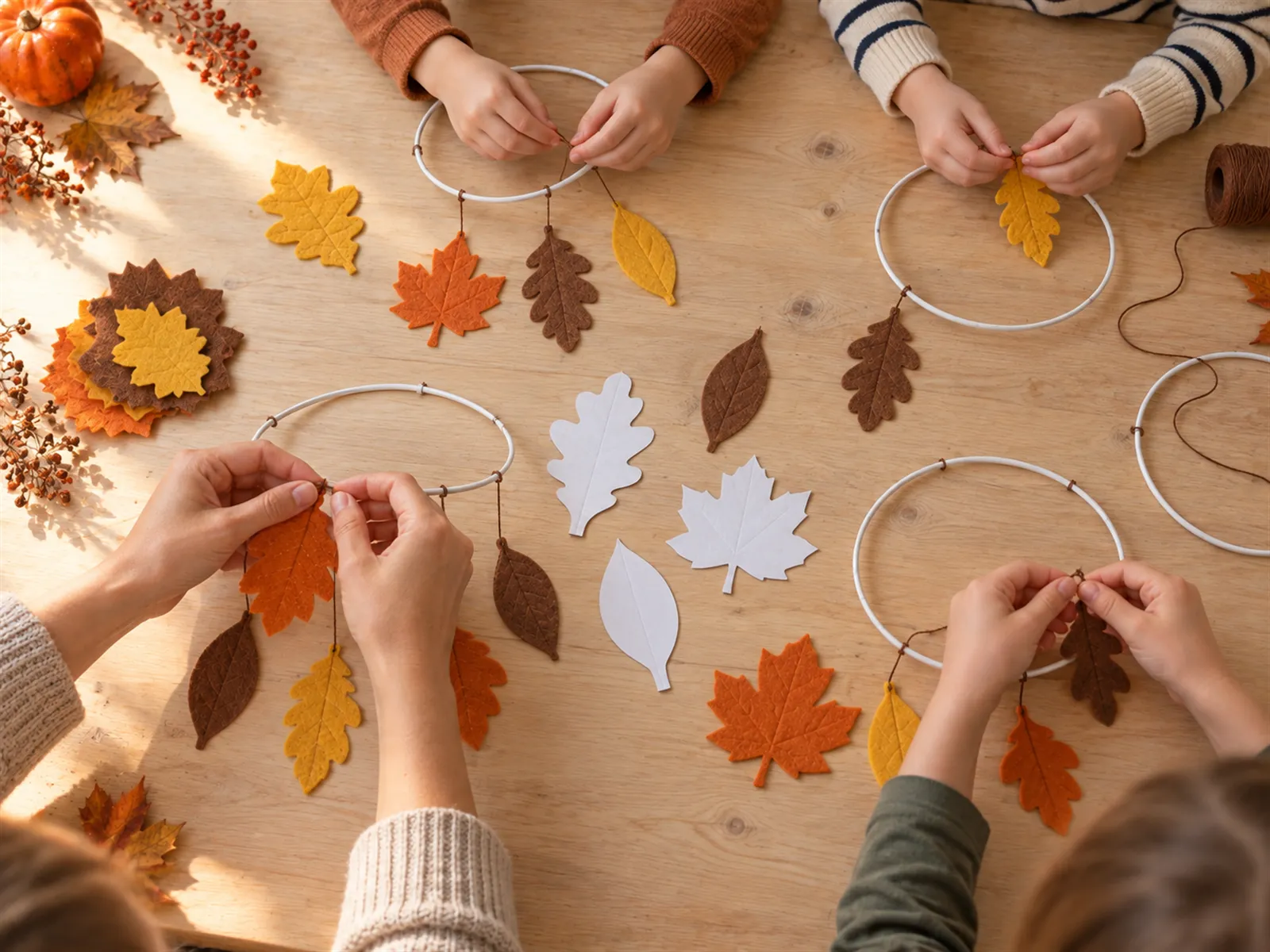 KI-generiertes Bild: Kinder- und Erwachsenenhände basteln gemeinsam mehrere Herbst-Mobiles am langen Tisch