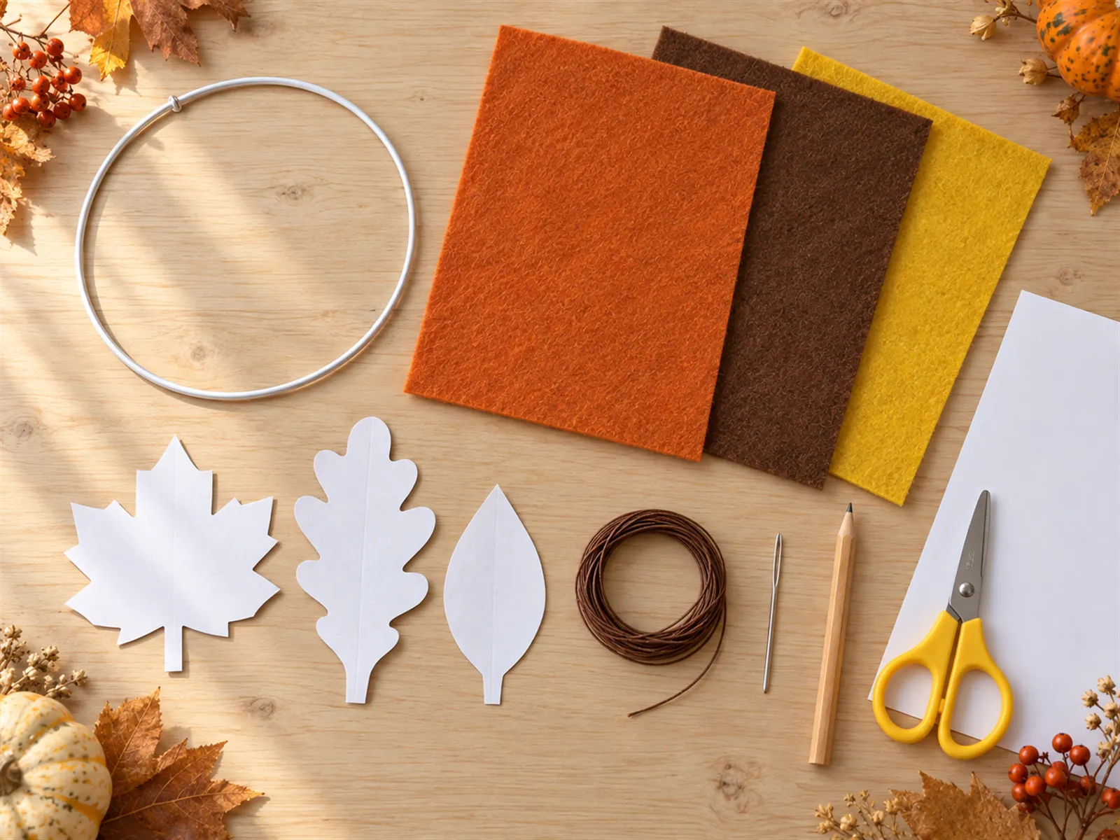 KI-generiertes Bild: Material für ein Herbst-Mobile ordentlich auf einem hellen Holztisch angeordnet