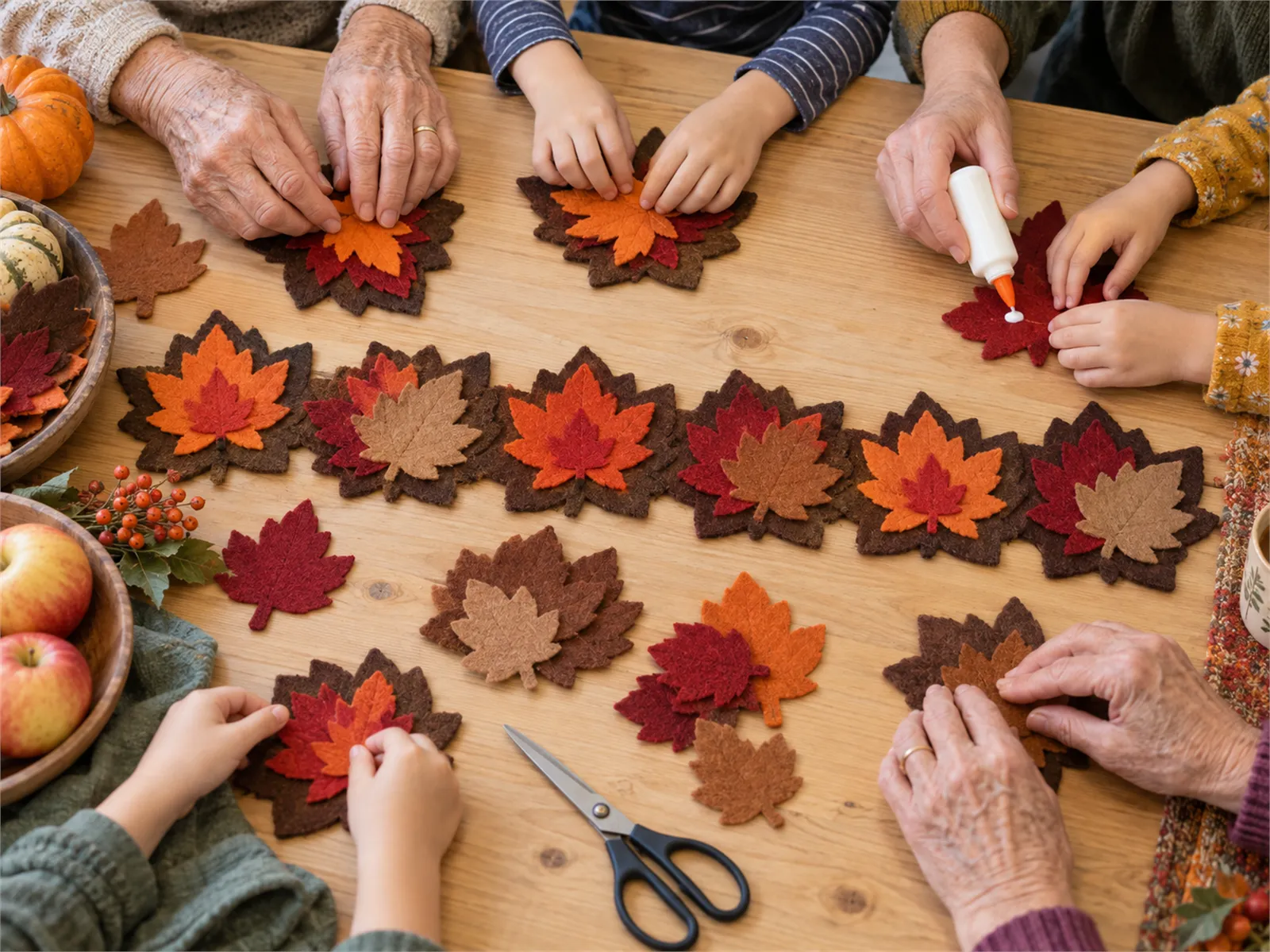 KI-generiertes Bild: mehrere Kinder- und Seniorenhände basteln gemeinsam geschichtete Filzblätter an einem herbstlich dekorierten Tisch