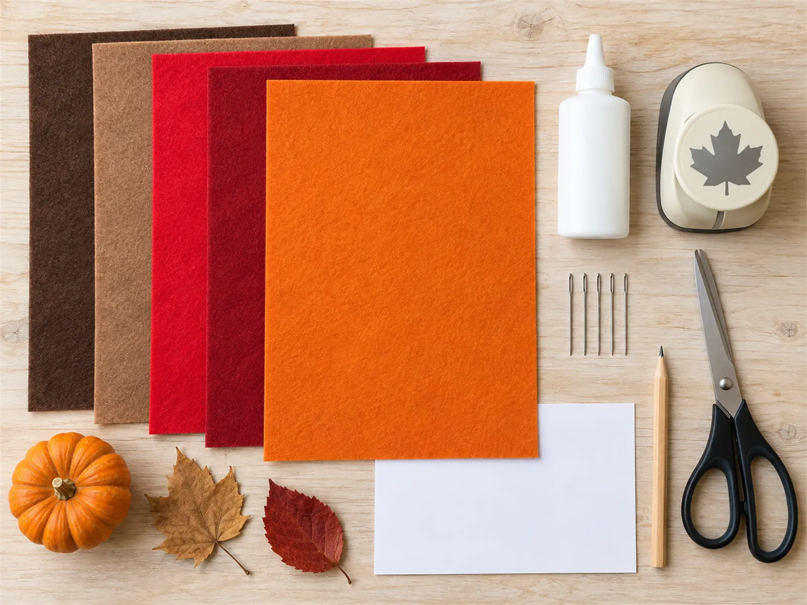 KI-generiertes Bild: braune, hellbraune, rote, dunkelrote und orange Filzbögen mit Textilkleber, Schere, Stift, Papier und Nähnadeln auf hellem Holztisch