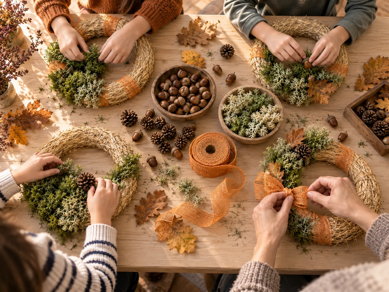 KI-generiertes Bild: Kinder- und Erwachsenenhände gestalten gemeinsam mehrere Herbstkränze am langen Tisch