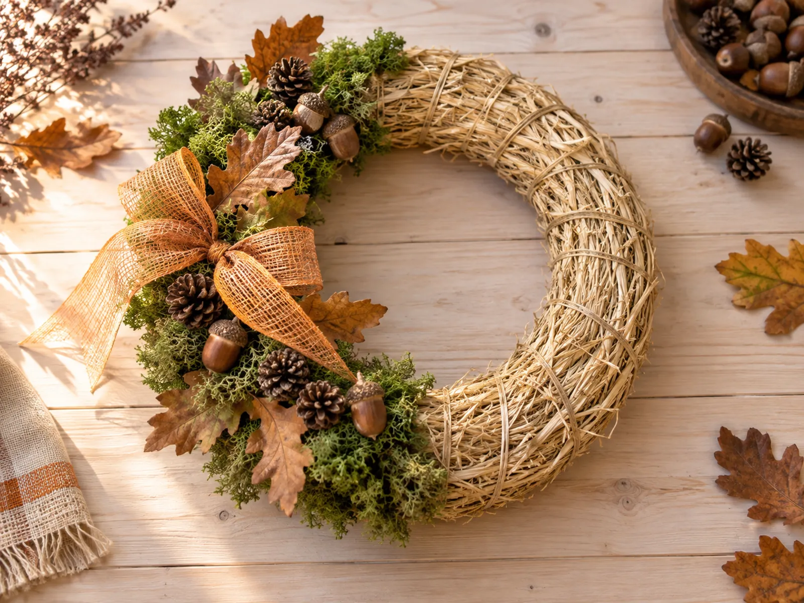 KI-generiertes Bild: Herbstkranz aus Moos und Naturfunden
