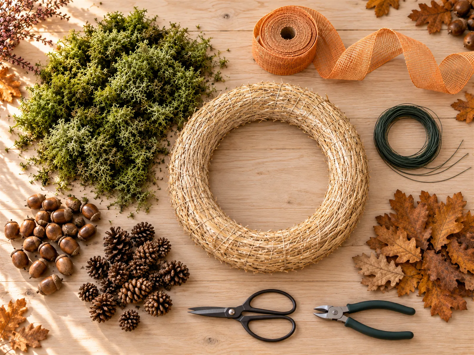 KI-generiertes Bild: Material für einen Herbstkranz ordentlich auf einem hellen Holztisch angeordnet