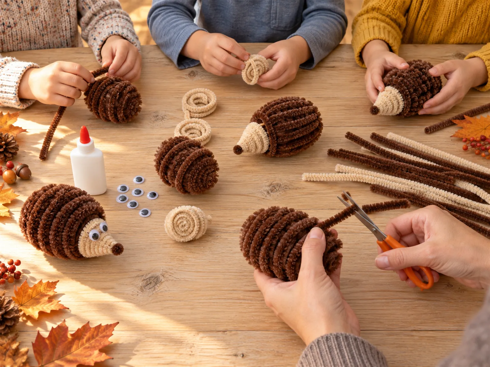 KI-generiertes Bild: Kinder- und Erwachsenenhände basteln gemeinsam mehrere Chenilledraht-Igel am langen Tisch