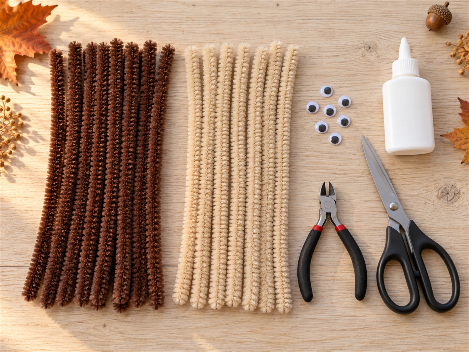 KI-generiertes Bild: Material für einen Chenilledraht-Igel ordentlich auf einem hellen Holztisch angeordnet