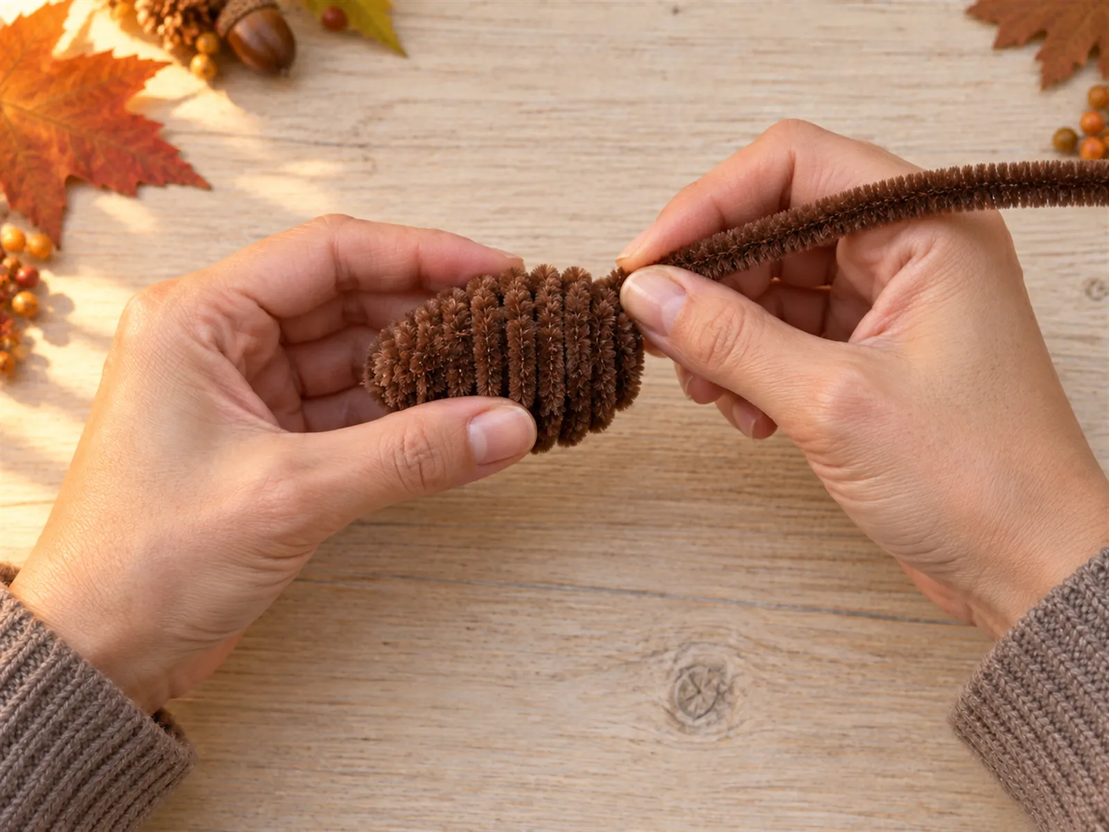 KI-generiertes Bild: Hände wickeln braunen flauschigen Chenilledraht dicht um einen ovalen Körperkern