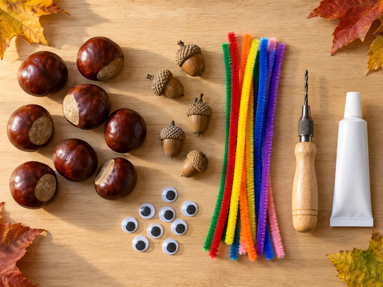 KI-generiertes Bild: Kastanien, Eicheln, Pfeifenputzer, Wackelaugen, Kastanienbohrer und Kleber auf dem Tisch