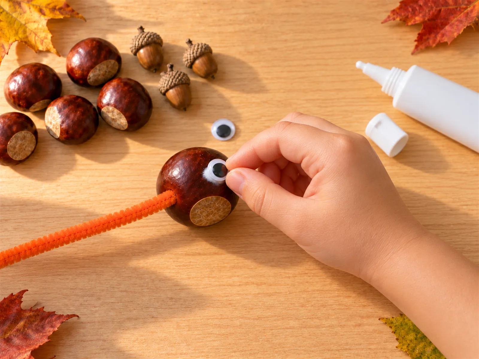 KI-generiertes Bild: Kinderhand klebt ein Wackelauge auf die Kastanie