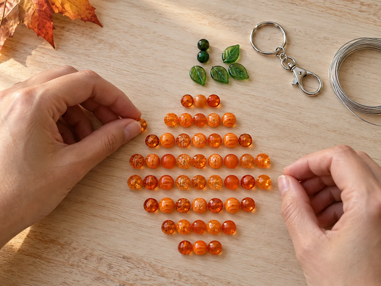 KI-generiertes Bild: Hände legen orange und dunkelgrüne Glasperlen in Reihen als flaches Kürbismuster